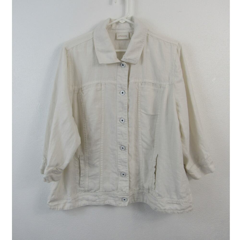 Chico's Size 3 - XL Linen White Collared Button Front Shirt Jack Shacket